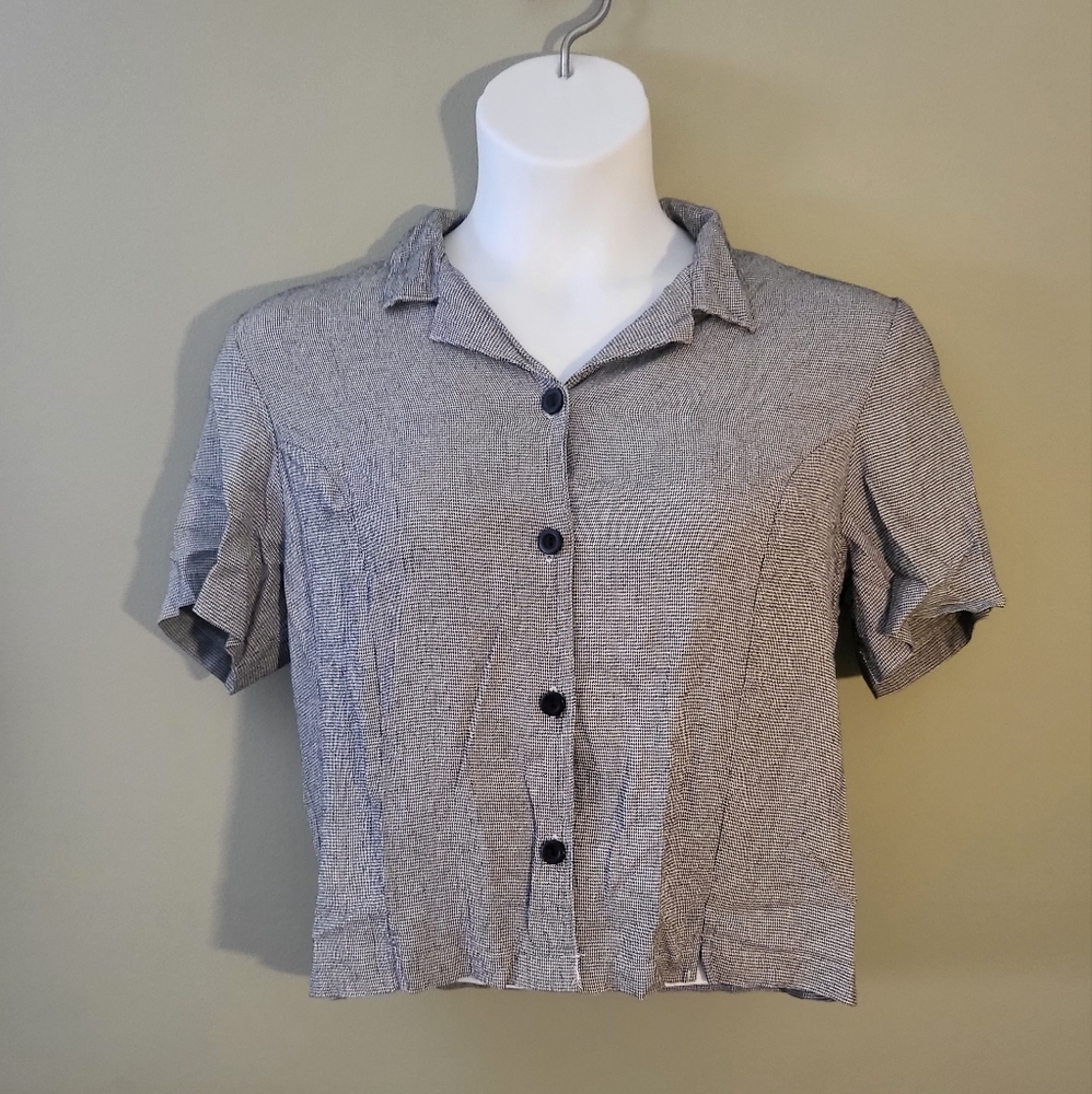 Womens Vintage, Full button up, Houndstooth, Extra Large, Shoulder Pad, Blouse.